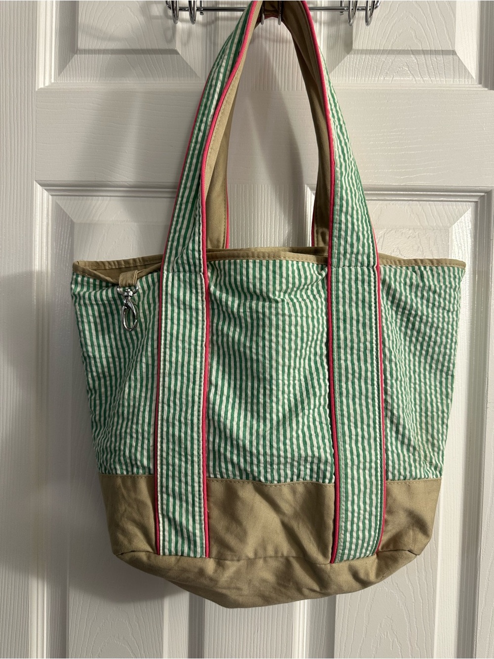 Source Unknown Green and Pink Striped Canvas Tote with Tan Base